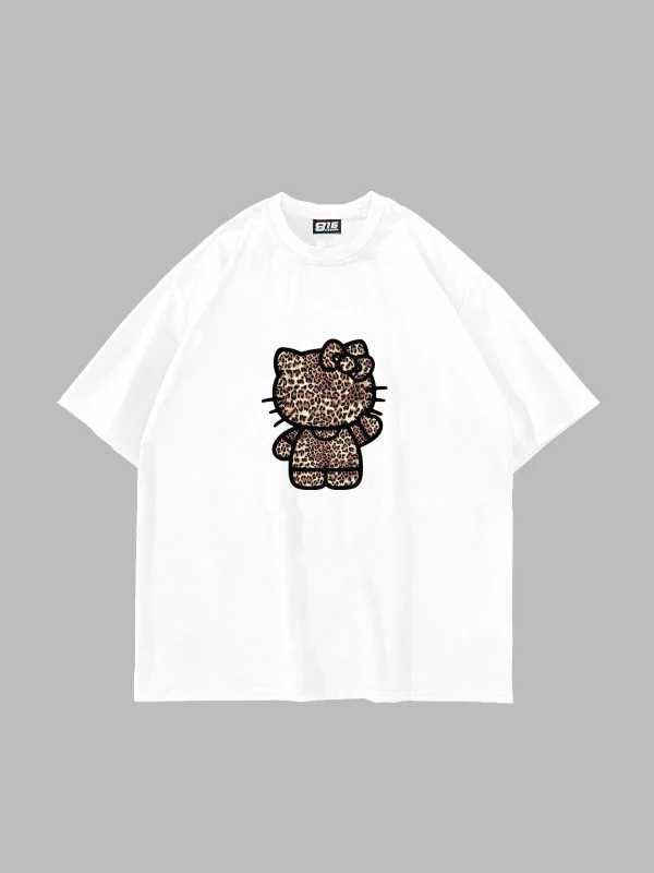 Leopard Kitty Baskılı Oversize Unisex Beyaz Tshirt