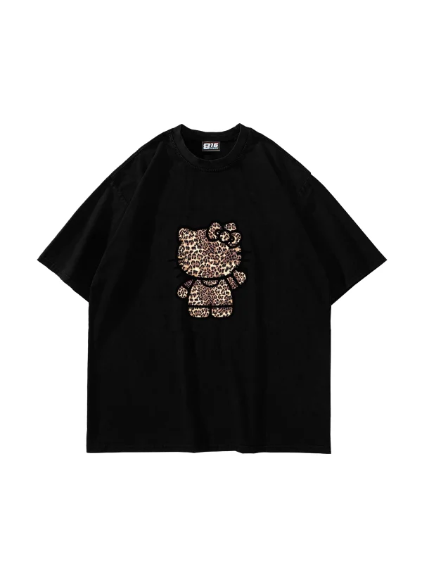 Leopard Kitty Baskılı Oversize Unisex Siyah Tshirt