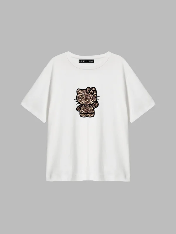 Leopard Kitty Baskılı Relaxed Fit Beyaz Kadın Tshirt