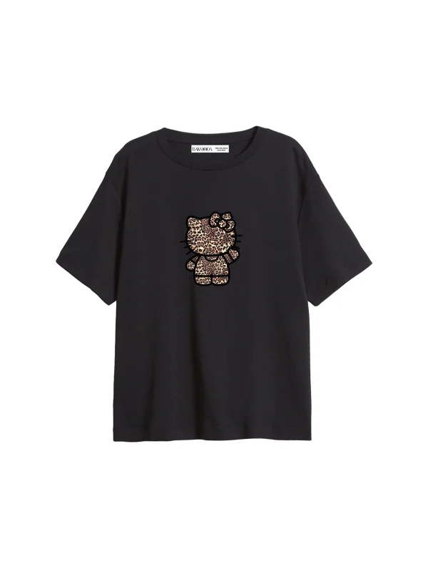 Leopard Kitty Baskılı Relaxed Fit Siyah Kadın Tshirt