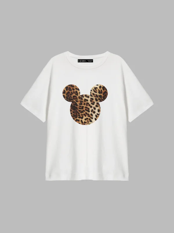 Leopard Mcky Baskılı Relaxed Fit Beyaz Kadın Tshirt