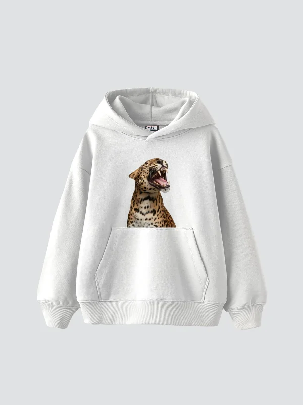 Leopard Siluet Baskılı Oversize Unisex Premium Beyaz Hoodie