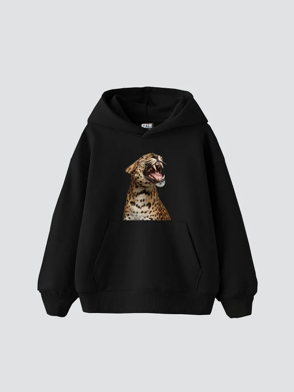 Leopard Siluet Baskılı Oversize Unisex Premium Siyah Hoodie