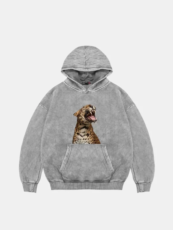 Leopard Siluet Baskılı Oversize Unisex Premium Yıkamalı Beyaz Hoodie