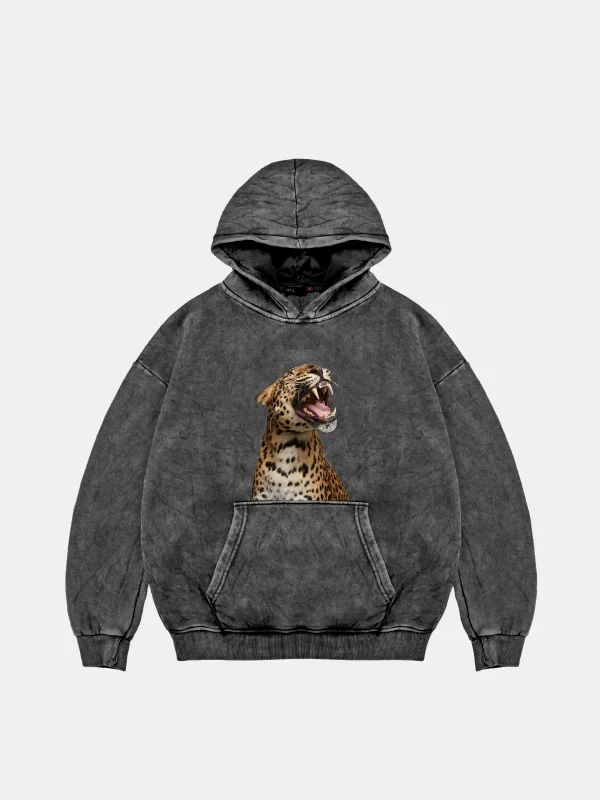 Leopard Siluet Baskılı Oversize Unisex Premium Yıkamalı Siyah Hoodie