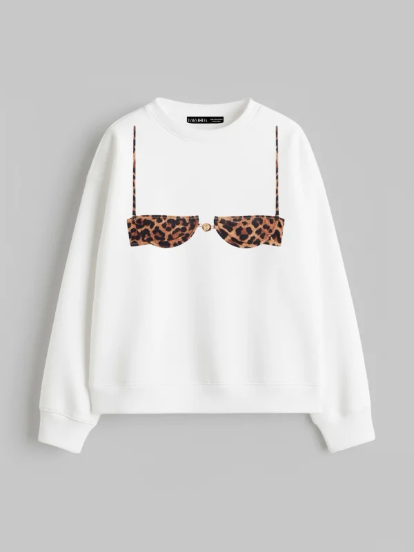Leopard Tiny Bikini Baskılı Kapüşonsuz Relaxed Fit Kadın Beyaz Sweatshirt