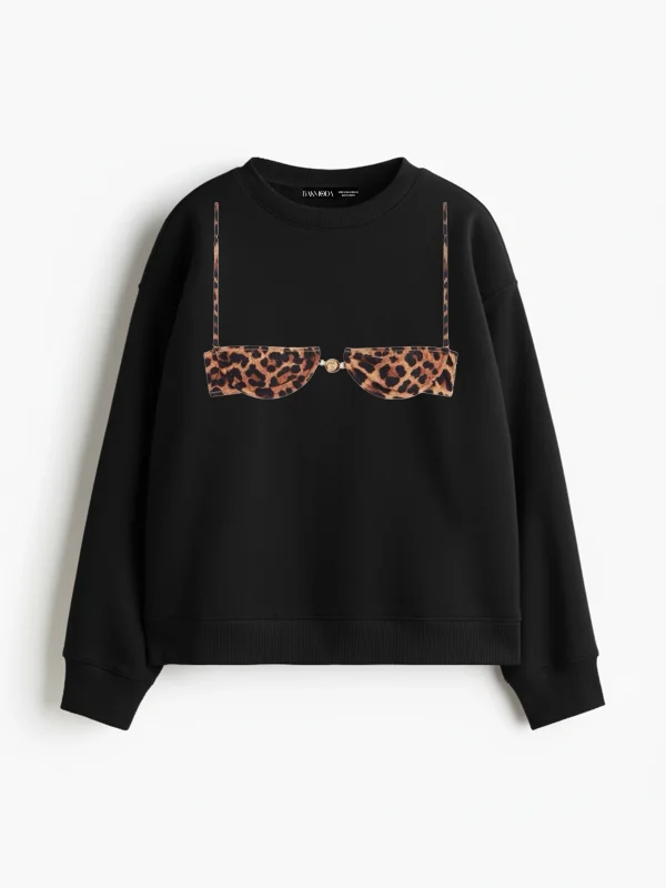 Leopard Tiny Bikini Baskılı Kapüşonsuz Relaxed Fit Kadın Siyah Sweatshirt