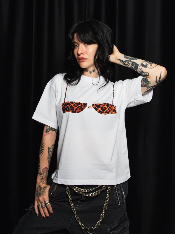 Leopard Tiny Bikini Baskılı Relaxed Fit Beyaz Kadın Tshirt