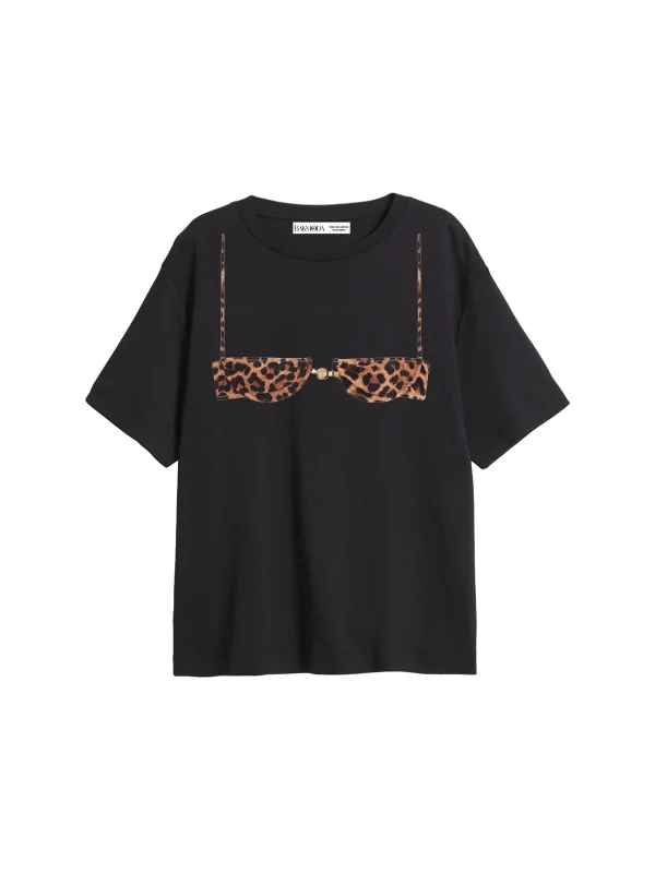 Leopard Tiny Bikini Baskılı Relaxed Fit Siyah Kadın Tshirt