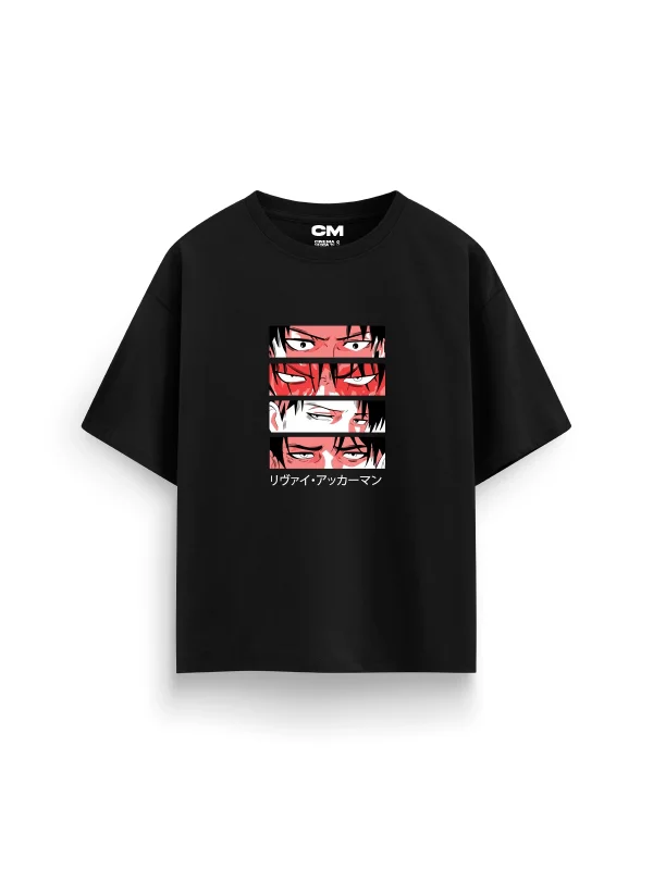 Levi Ackerman Baskılı Rahat Kalıp 30/1 Unisex Siyah Tshirt