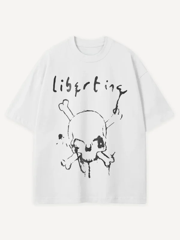 Libertine Skull Baskılı Beyaz Oversize Tshirt
