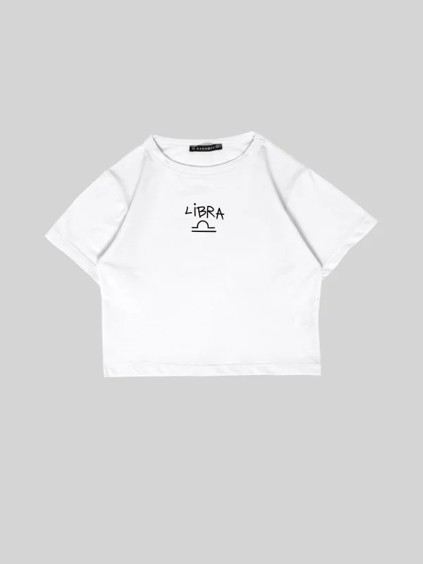 Libra Baskılı Beyaz Crop Top