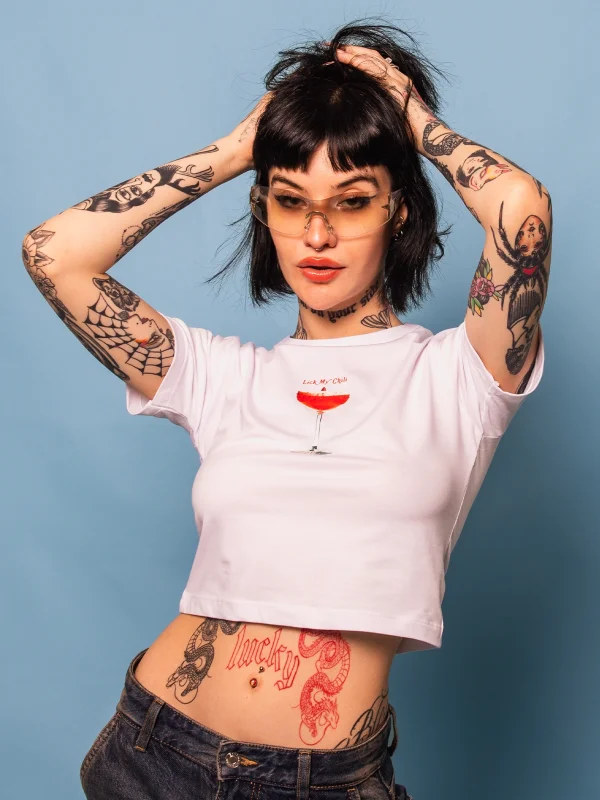 Lick My Chili Baskılı Beyaz Crop Top