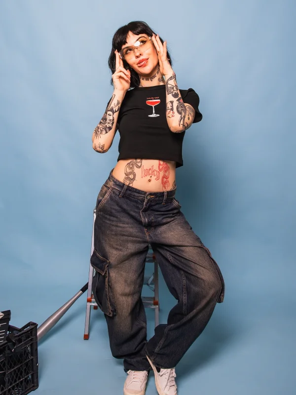 Lick My Chili Baskılı Siyah Crop Top
