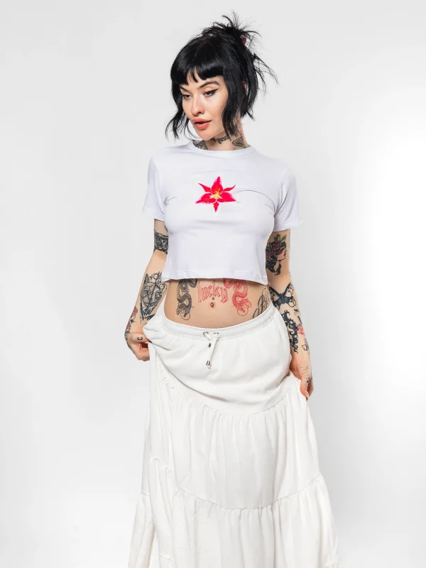 Lilium Baskılı Beyaz Crop Top