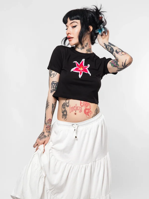 Lilium Baskılı Siyah Crop Top