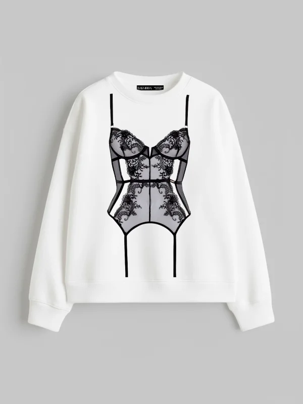 Lingerie Baskılı Kapüşonsuz Relaxed Fit Kadın Beyaz Sweatshirt