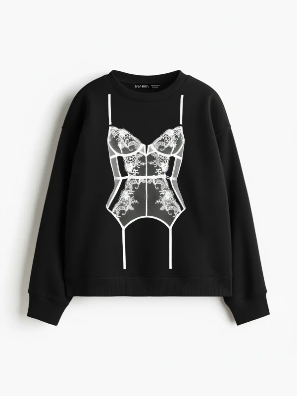 Lingerie Baskılı Kapüşonsuz Relaxed Fit Kadın Siyah Sweatshirt