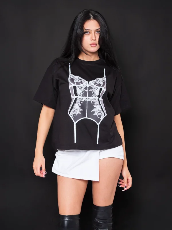 Lingerie Baskılı Relaxed Fit Siyah Kadın Tshirt