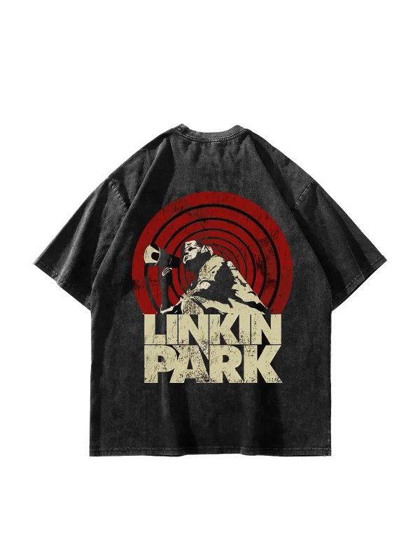 Linkin Park Baskılı Oversize Yıkamalı Siyah Tshirt