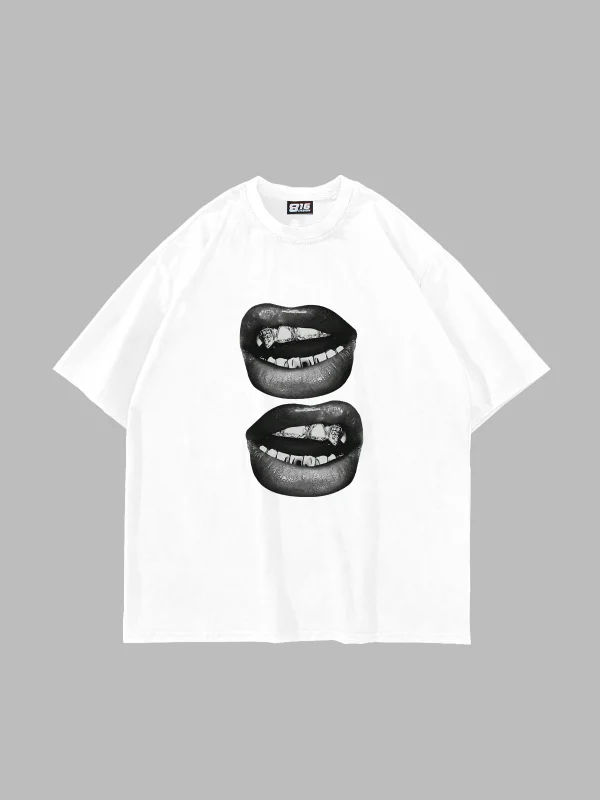 Lip teeths Baskılı Oversize Unisex Beyaz Tshirt