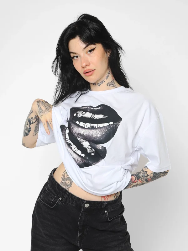 Lip teeths Baskılı Oversize Unisex Beyaz Tshirt