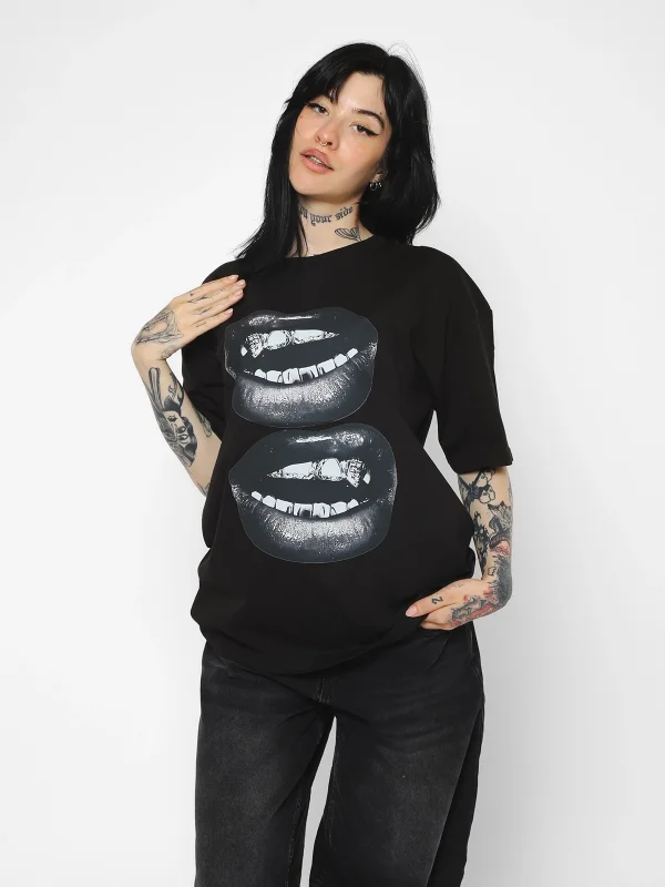 Lip teeths Baskılı Oversize Unisex Siyah Tshirt