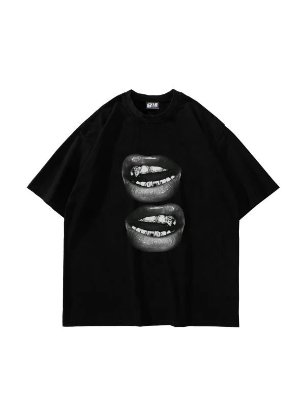 Lip teeths Baskılı Oversize Unisex Siyah Tshirt