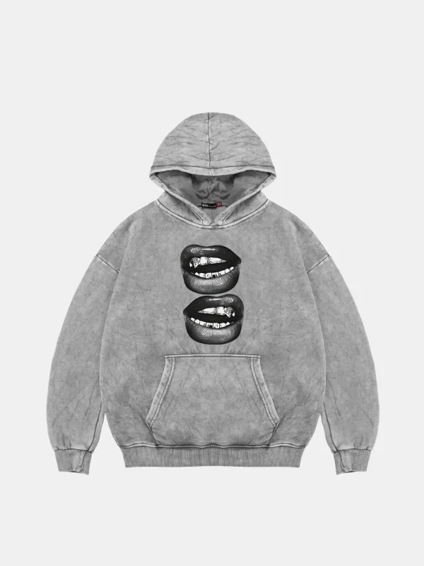 Lip Teeths Baskılı Oversize Unisex Yıkamalı Beyaz Hoodie