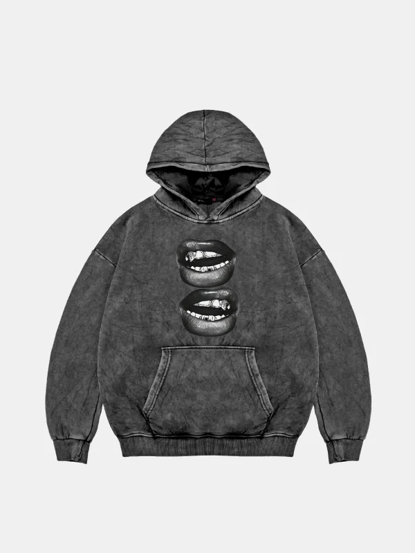 Lip Teeths Baskılı Oversize Unisex Yıkamalı Siyah Hoodie