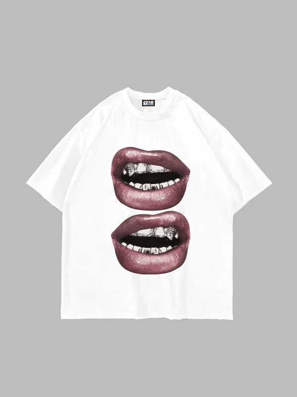 V2 Lip Teeths Baskılı Oversize Unisex Beyaz Tshirt