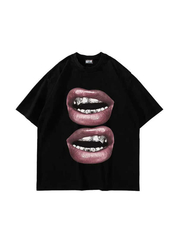 V2 Lip Teeths Baskılı Oversize Unisex Siyah Tshirt