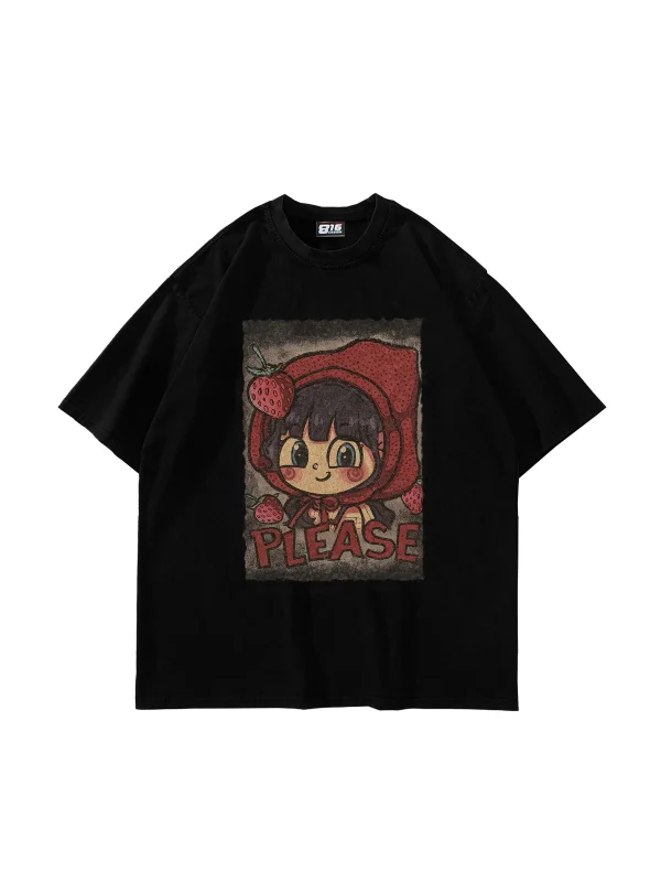 Little Red Riding Hood Baskılı Oversize Unisex Siyah Tshirt