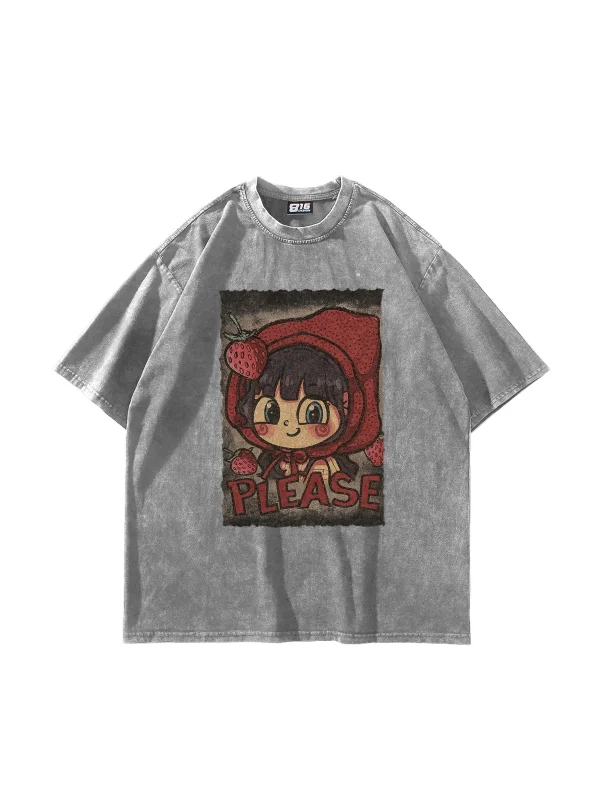 Little Red Riding Hood Baskılı Oversize Unisex Yıkamalı Beyaz Tshirt