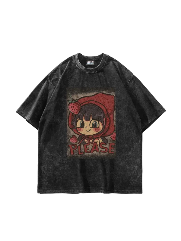 Little Red Riding Hood Baskılı Oversize Unisex Yıkamalı Siyah Tshirt