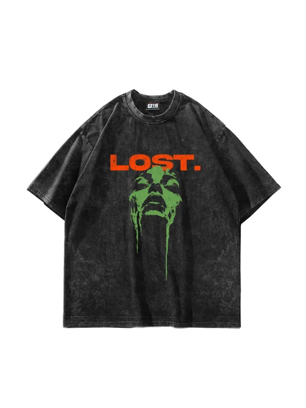 Lost Baskılı Oversize Unisex Yıkamalı Siyah Tshirt