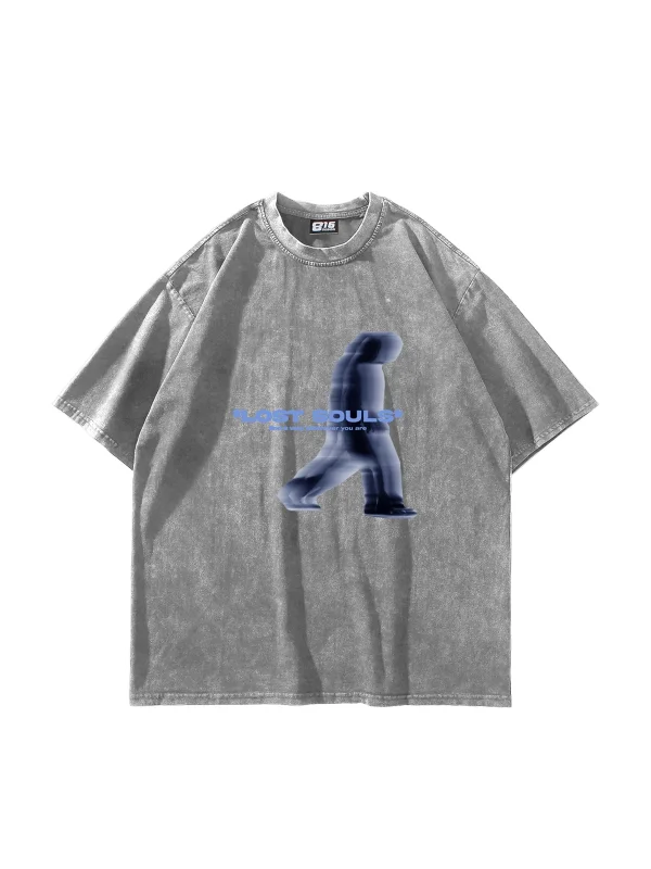 Lost Souls Baskılı Yıkamalı Beyaz Unisex Oversize Tshirt