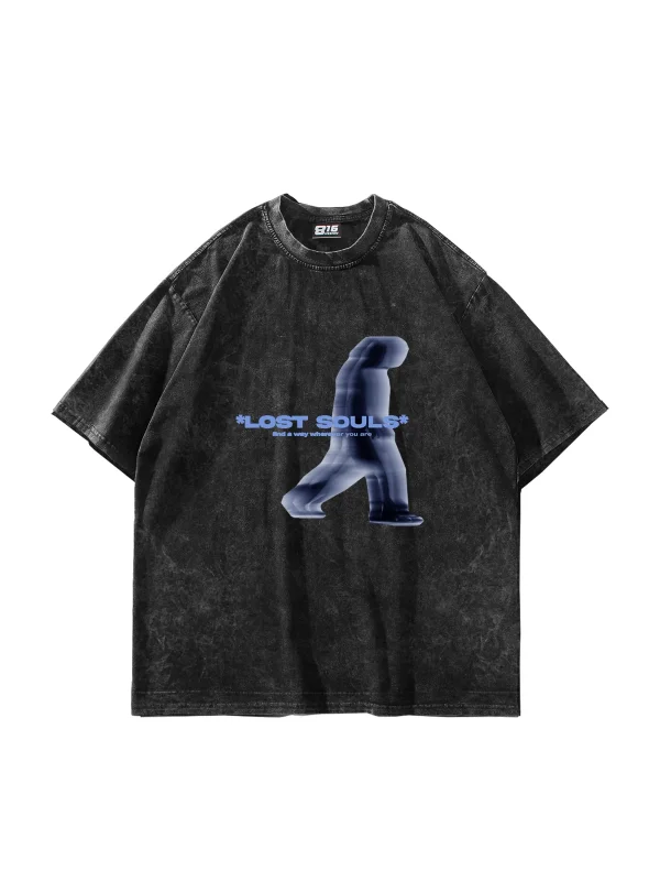 Lost Souls Baskılı Yıkamalı Siyah Unisex Oversize Tshirt