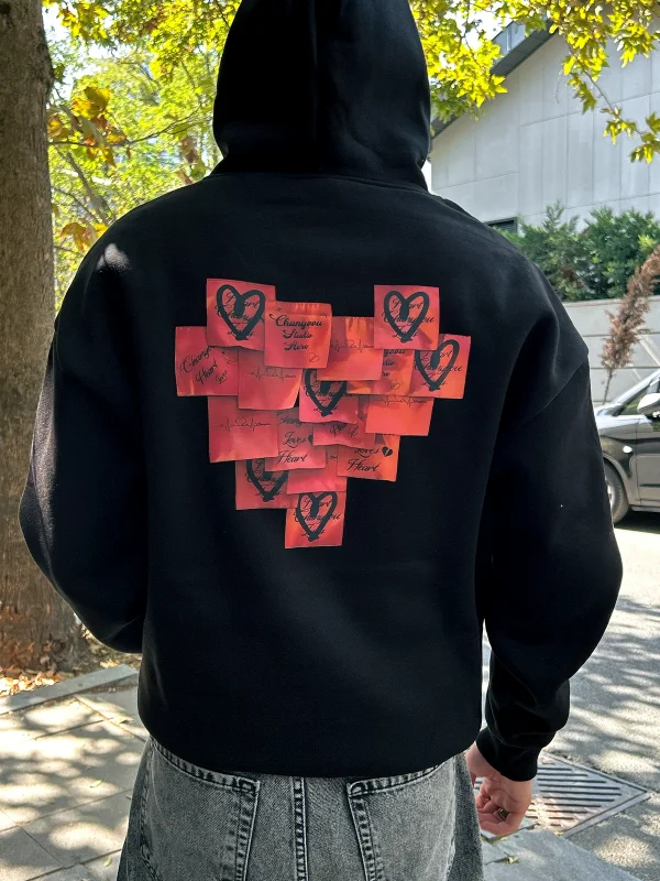Love Baskılı Oversize Unisex Siyah Hoodie