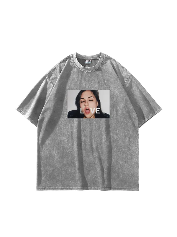 Love Photo Baskılı Oversize Unisex Yıkamalı Beyaz Tshirt