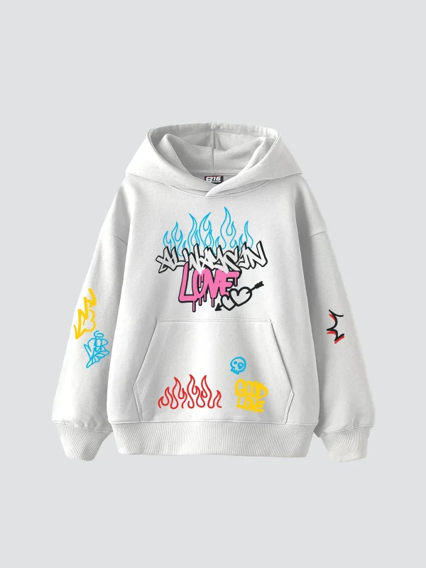 Love Graffiti Baskılı Oversize Unisex Beyaz Hoodie