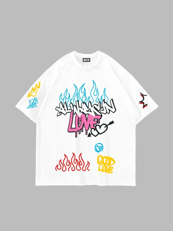 Love Graffiti Baskılı Oversize Unisex Beyaz Tshirt