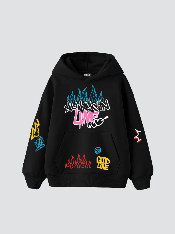 Love Graffiti Baskılı Oversize Unisex Siyah Hoodie