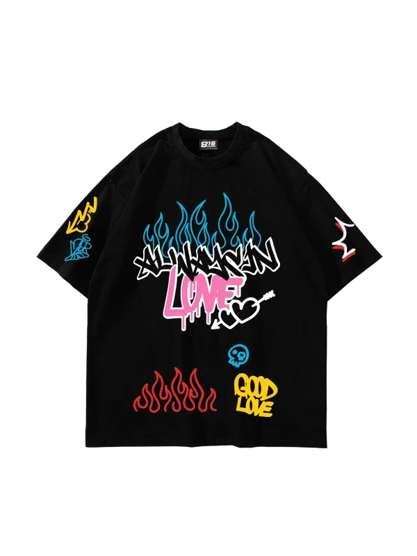 Love Graffiti Baskılı Oversize Unisex Siyah Tshirt