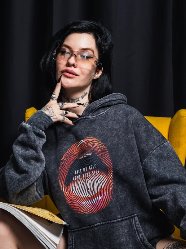 Love Your Self Baskılı Oversize Unisex Yıkamalı Siyah Hoodie