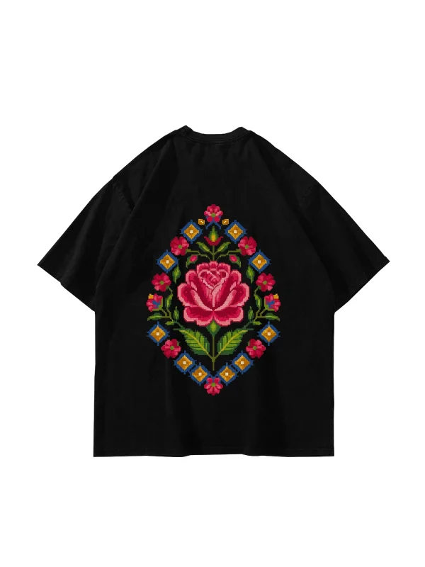 Rose-Face Baskılı Oversize Unisex Siyah Tshirt