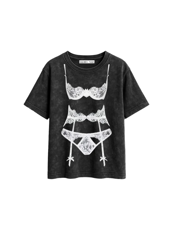 Luck You Baskılı Relaxed Fit Yıkamalı Siyah Kadın Tshirt