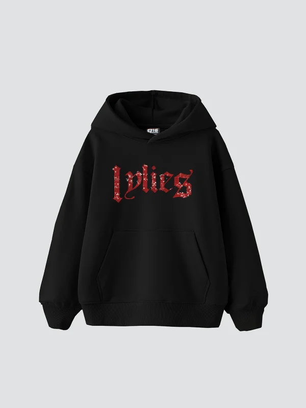 Lylies Kırmızı Taş Baskılı Oversize Unisex Siyah Hoodie