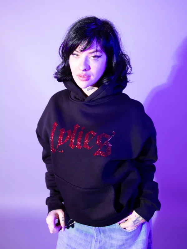 Lylies Kırmızı Taş Baskılı Oversize Unisex Siyah Hoodie