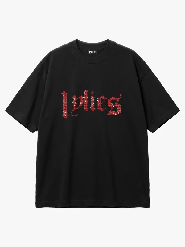 Lylies Kırmızı Taş Baskılı Oversize Unisex Siyah Tshirt